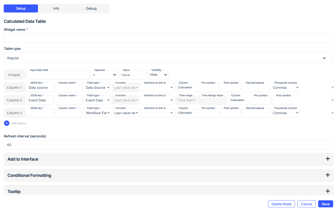 Calculated Data Table Widget Node Configuration Guide